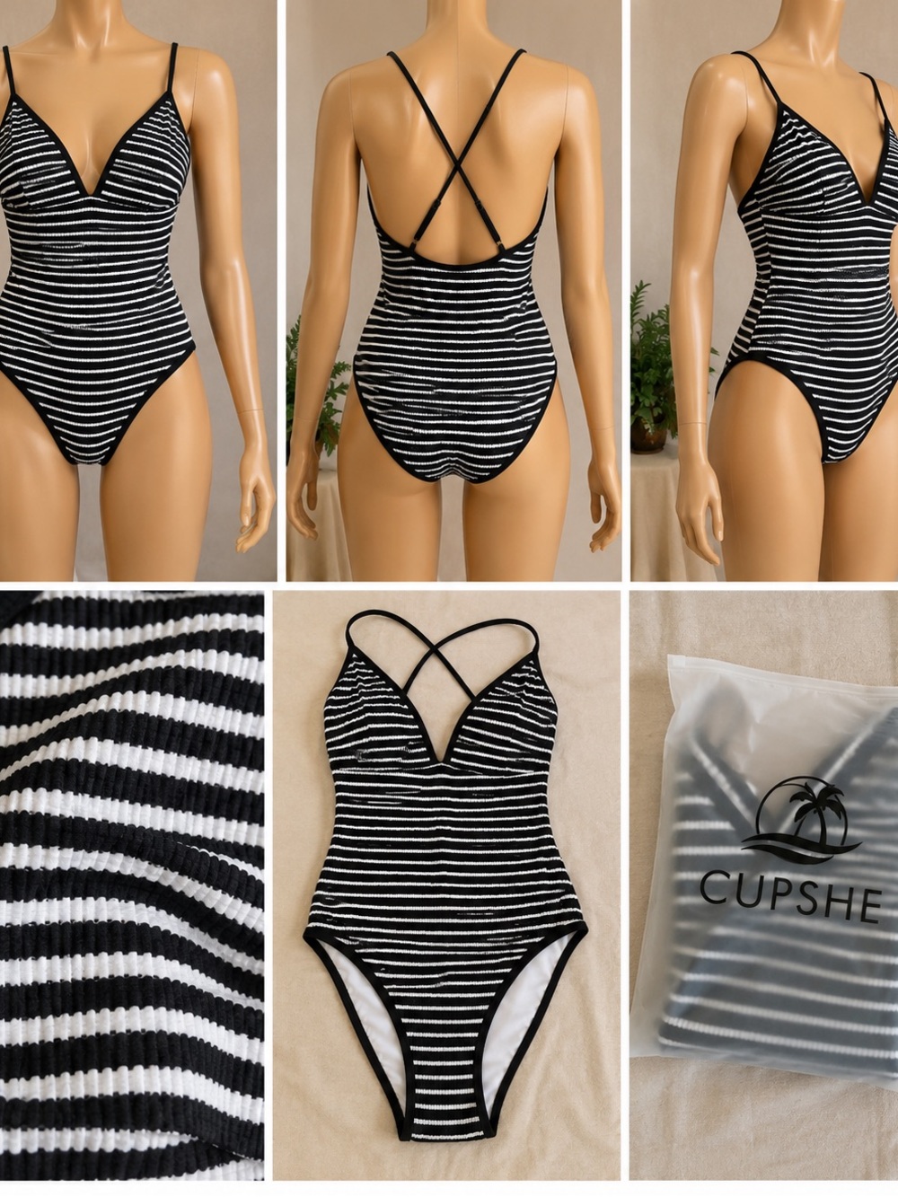 Cupshe Black and White Striped Crisscross V-Neck One-Piece Swimsuit